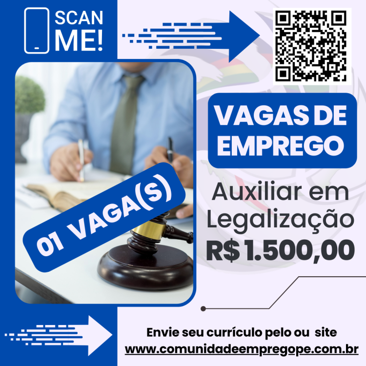 Auxiliar em Legalização de Empresas com salário de R$ 1500,00 para escritório de contabilidade