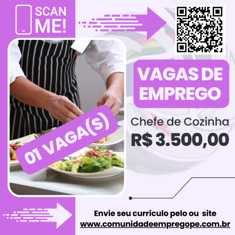 Chefe de Cozinha com salário de R$ 3500,00 para segmento alimentício
