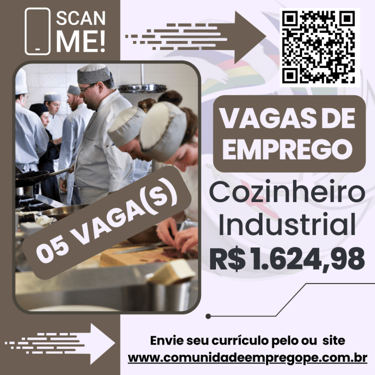 Cozinheiro Industrial, 05 vagas com salário de R$ 1624,98 para empresa no segmento industrial
