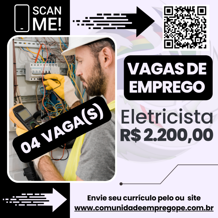 Eletricista, 04 vagas com salário de R$ 2200,00 para empresa no segmento industrial