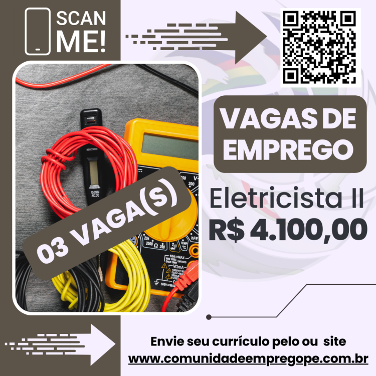 Eletricista II, 03 vagas com salário de R$ 4100,00 para empresa de terceirização