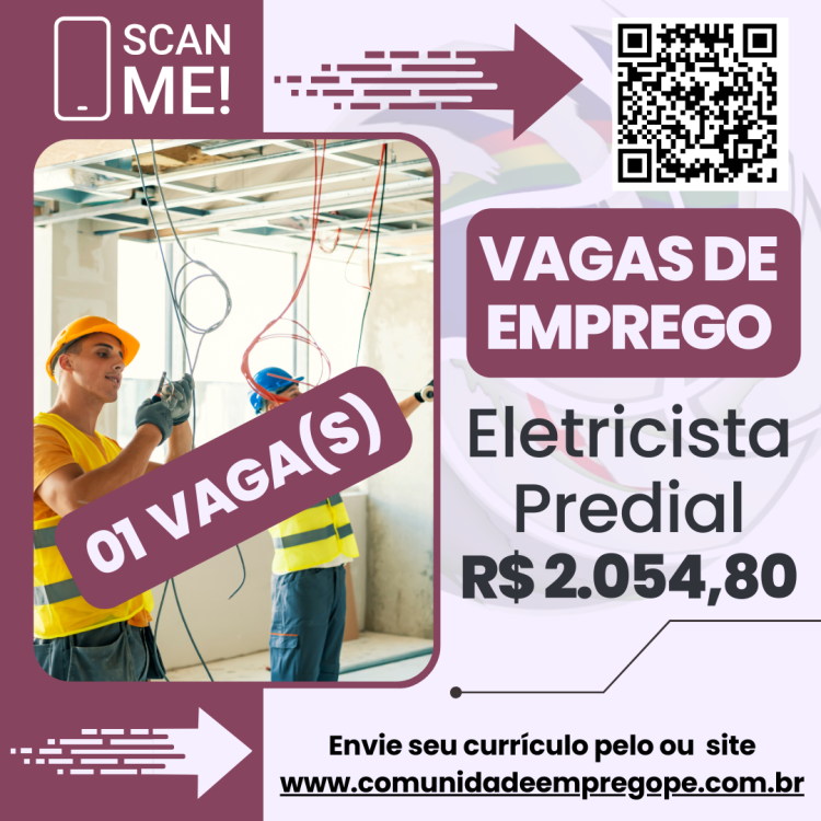 Eletricista Predial com salário de R$ 2054,80 para segmento de construção civil