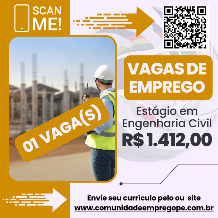 Estágio em Engenharia Civil com bolsa de R$ 1412,00 para construção civil