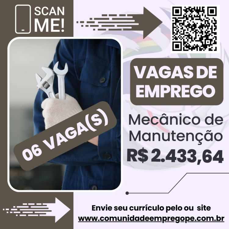 Mecânico de Manutenção, 06 vagas com salário de R$ 2433,64 para terceirização de serviços