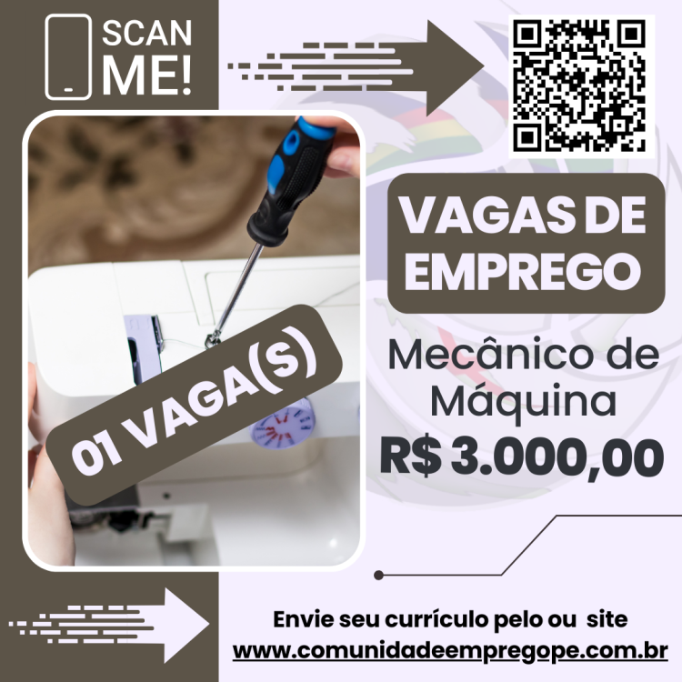 Mecânico de Máquina de Costura com salário de R$ 3000,00 para segmento industrrial