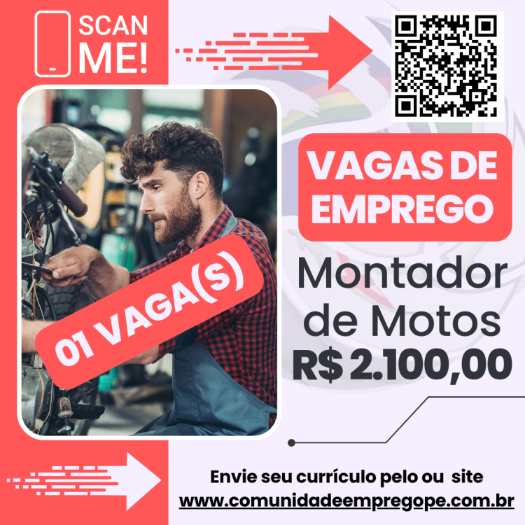 Montador de Motos (Novas) com salário de R$ 2100,00 para comércio varejista de motocicleta