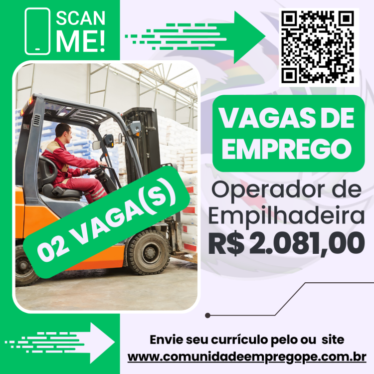 Operador de Empilhadeira, 02 vagas com salário de R$ 2081,00 para mão de obra terceirizada