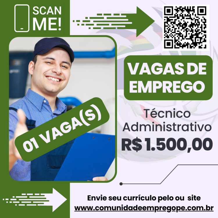 Técnico Administrativo Comercial (E-Commerce) com salário de R$ 1500,00 para tecnologia, software