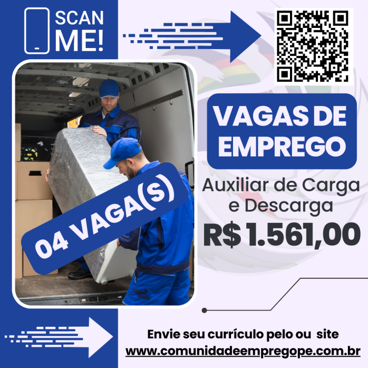 Auxiliar de Carga e Descarga, 04 vagas com salário de R$ 1561,00 para segmento de logística e distribuição