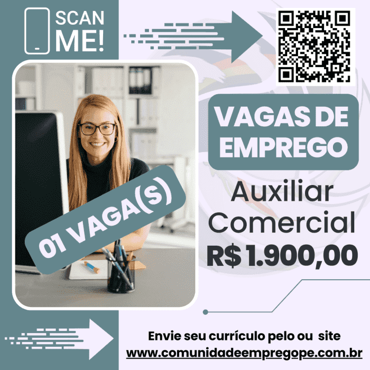 Auxiliar Comercial com salário de R$ 1900,00 para segmento de locação de mão de obra