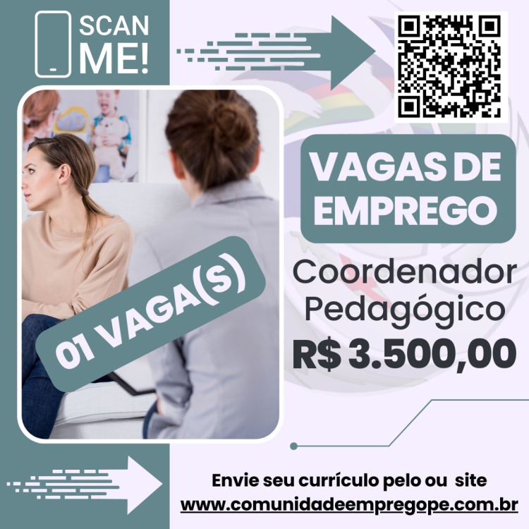 Coordenador Pedagógico com salário de R$ 3500,00 para segmento de educação