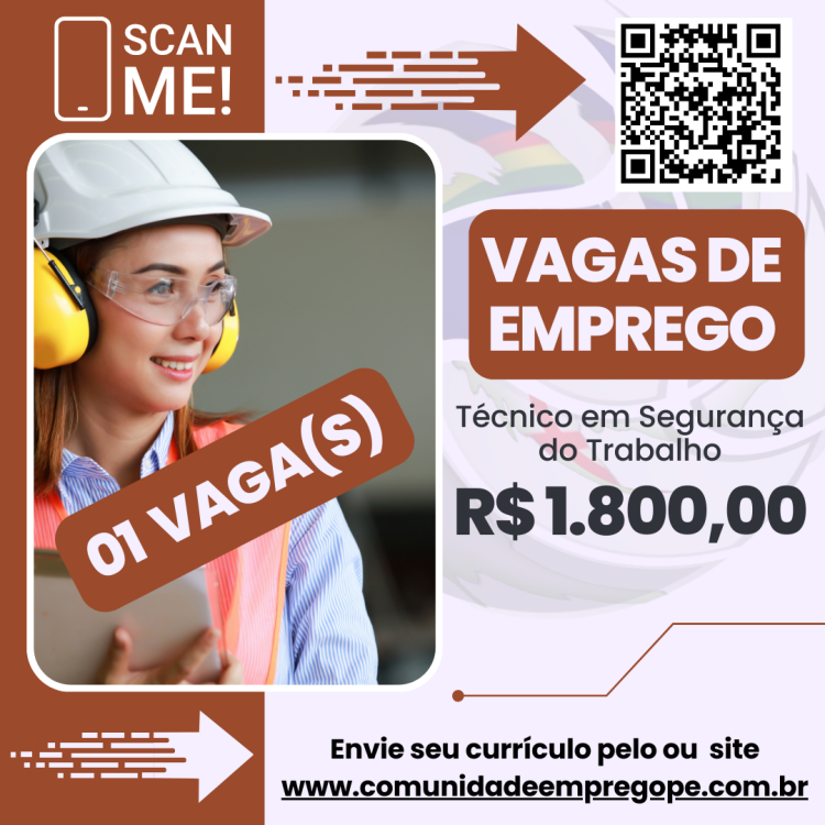 Técnico em Segurança do Trabalho com salário de R$ 1800,00 para saúde ocupacional