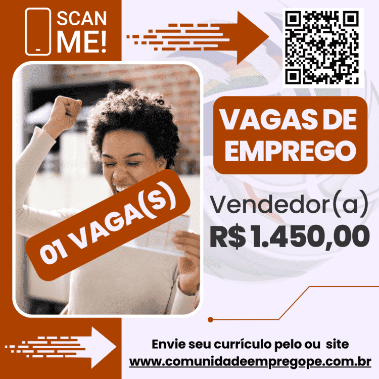 Vendedor(a) com salário de R$ 1450,00 para segmento de varejo e comércio