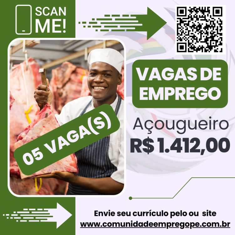 Açougueiro, 05 vagas com salário de R$ 1412,00 para comércio varejista