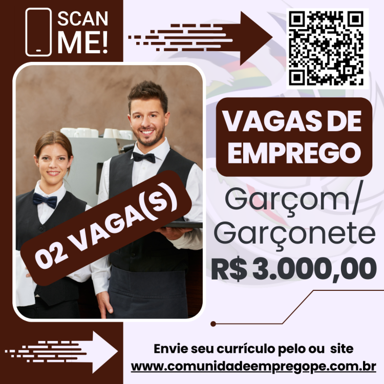 Garçom/ Garçonete, 02 vagas com salário de R$ 3000,00 para segmento de bar e restaurante