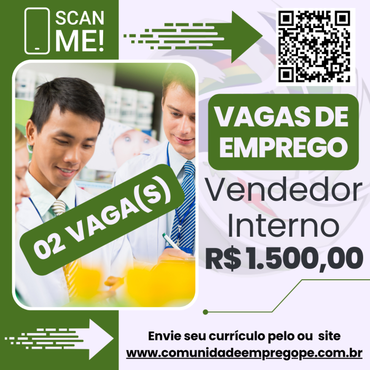 Vendedor Interno, 02 vagas com salário de R$ 1500,00 para comércio varejista