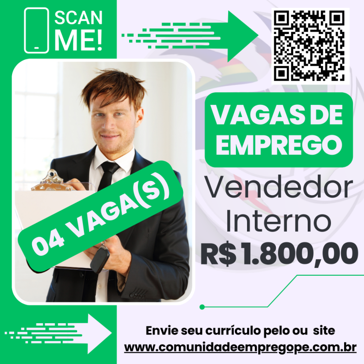 Vendedor Interno, 04 vagas com salário de R$ 1800,00 para empresa do segmento de gráfica